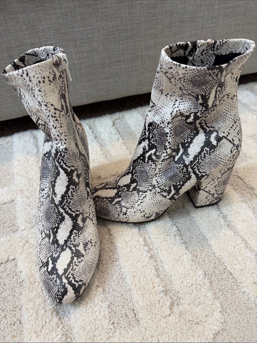 Madden Girl Black and White Snake-Print Block Heel Ankle Boots